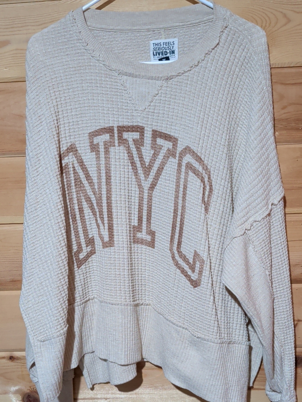 American Eagle Outfitters Cream Waffle-Knit NYC Graphic Crewneck